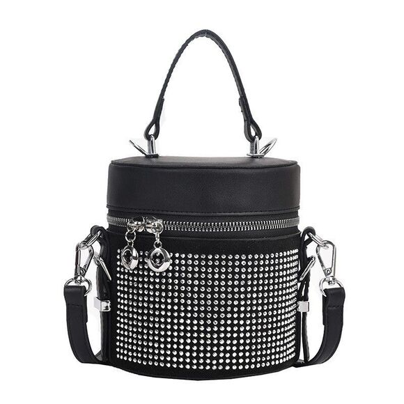 Women's Black Rhinestone Bucket Satchel Crossbody Handbag - Picture 1 of 7